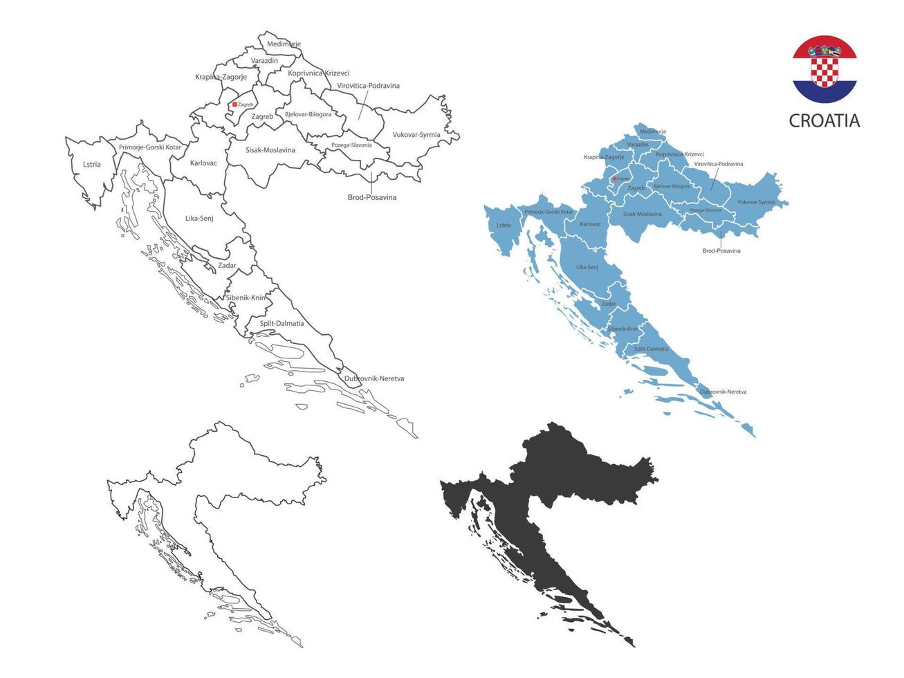 4 Arten von Kroatien-Kartenvektorillustrationen haben alle Provinzen und markieren die Hauptstadt Kroatiens. durch dünnen schwarzen Umriss-Einfachheitsstil und dunklen Schattenstil. isoliert auf weißem Hintergrund. vektor