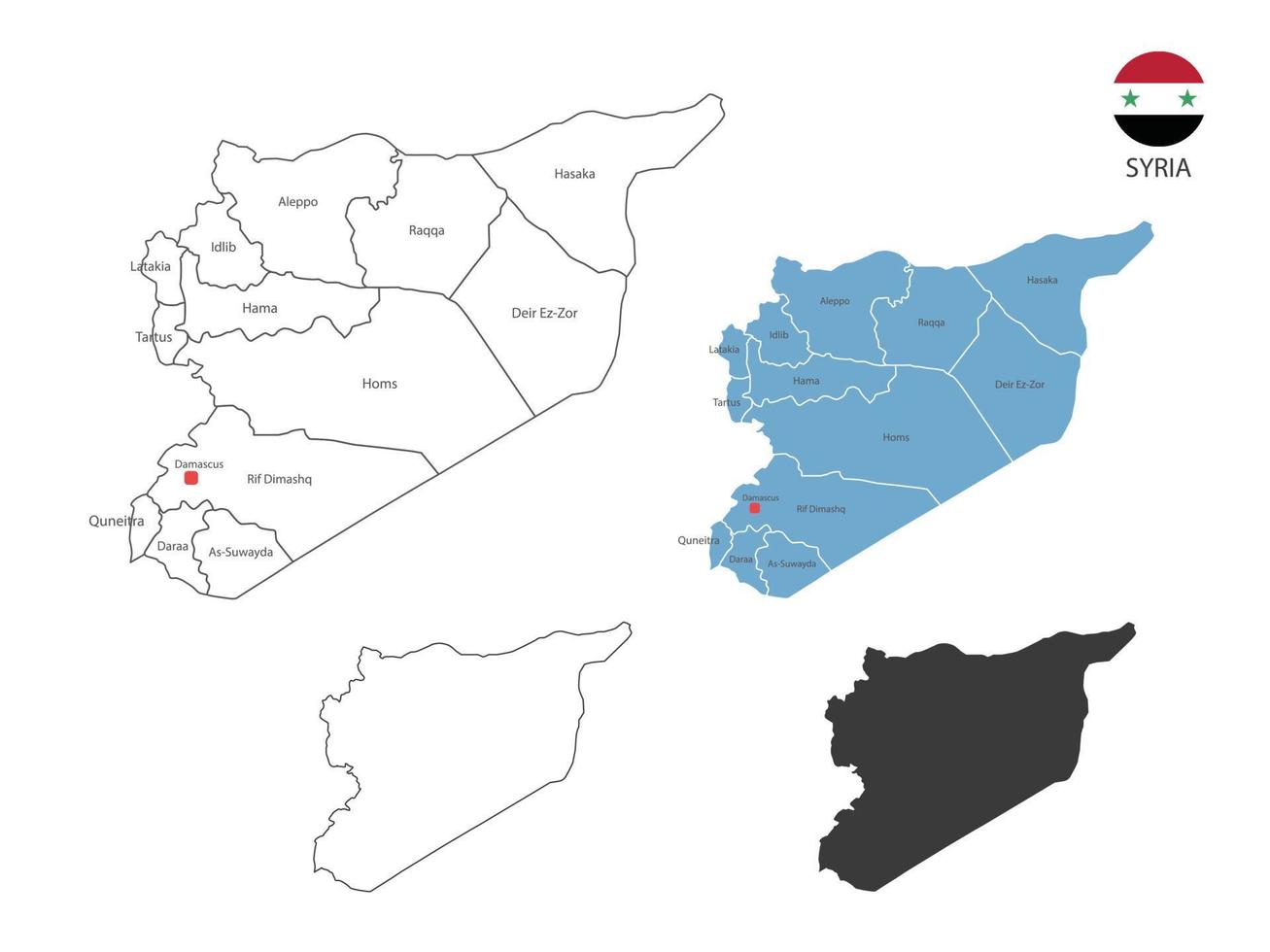 4 Stil der syrischen Kartenvektorillustration haben alle Provinzen und markieren die Hauptstadt Syriens. durch dünnen schwarzen Umriss, Einfachheitsstil und dunklen Schattenstil. isoliert auf weißem Hintergrund. vektor