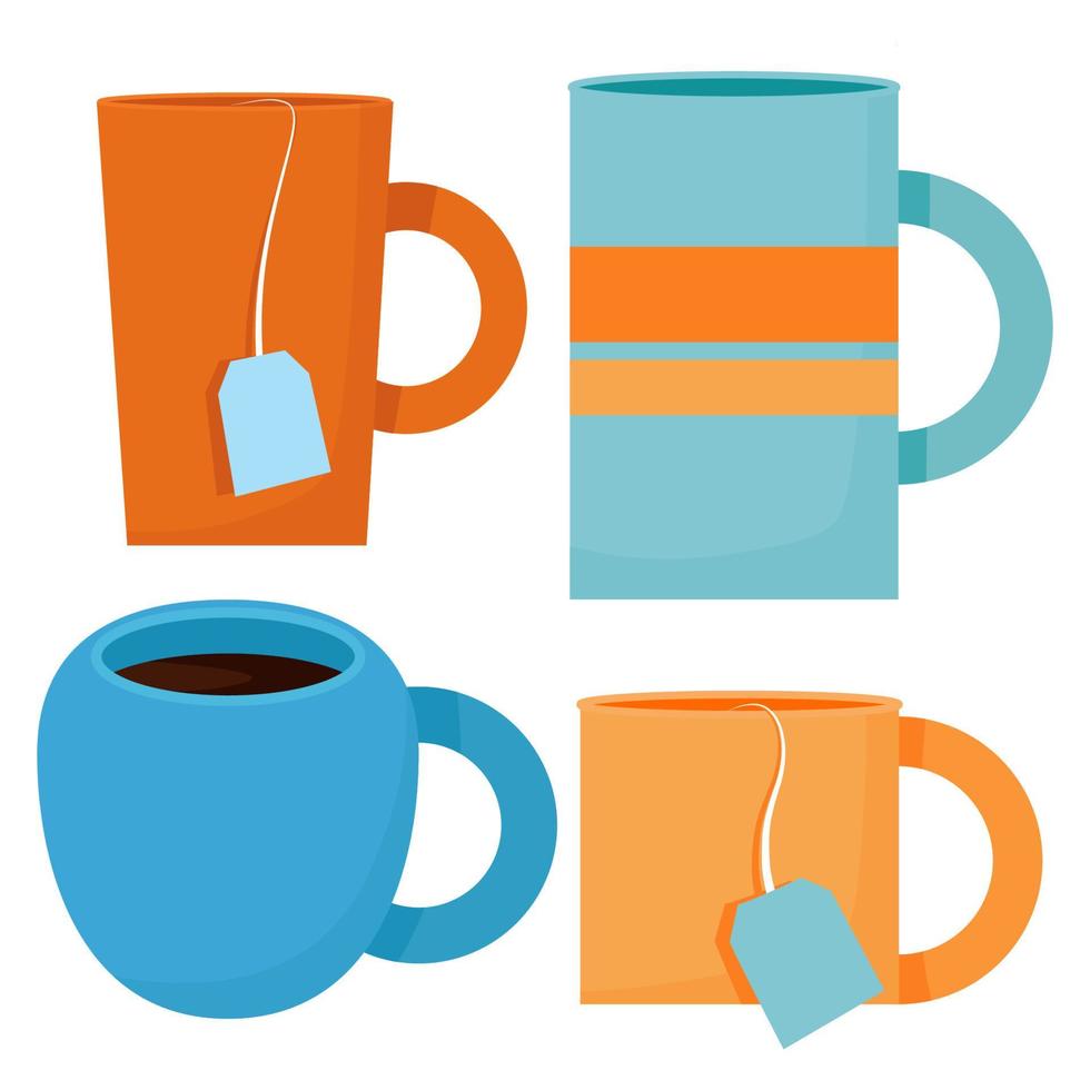 en uppsättning av orange och blå koppar med en te väska i de mitten vektor