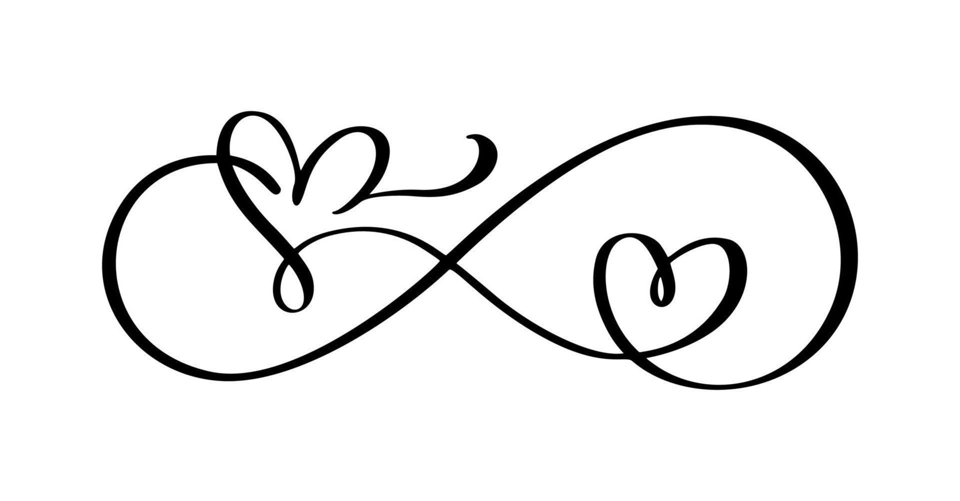 kärlek vektor två hjärtan logotyp i tecken av oändlighet. tecken på vykort till valentines dag, bröllop skriva ut. kalligrafi och text illustration isolerat på en vit bakgrund