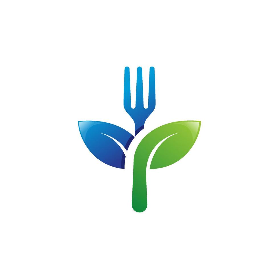 Logo für gesundes Essen. Gabel mit grüner Blattdekoration. Vektor-Icon-Vorlage für vegane Restaurant-Diät-Menü Naturprodukte Familienbauernhof. vektor
