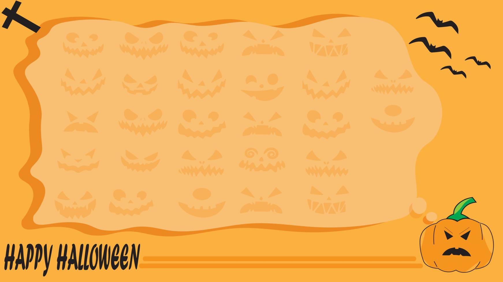 Lycklig halloween bakgrund. pumpor med skrämmande leende ansikten. vektor platt stil illustration, med klar orange kopia Plats område isolerat i orange bakgrund och fladdermus