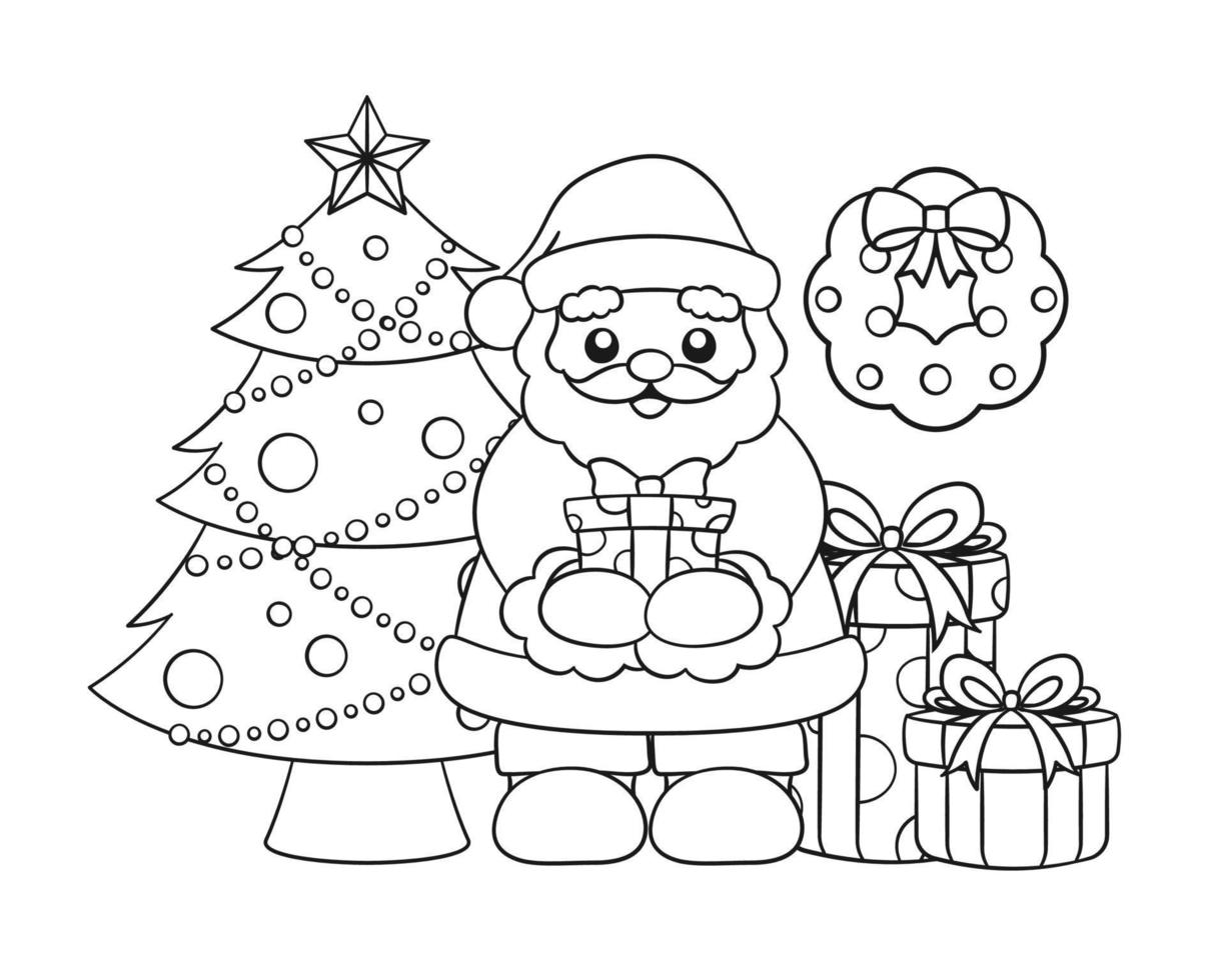 santa claus med gåvor, krans och jul träd översikt linje konst klotter tecknad serie illustration. vinter- jul tema färg bok sida aktivitet för barn och vuxna. vektor
