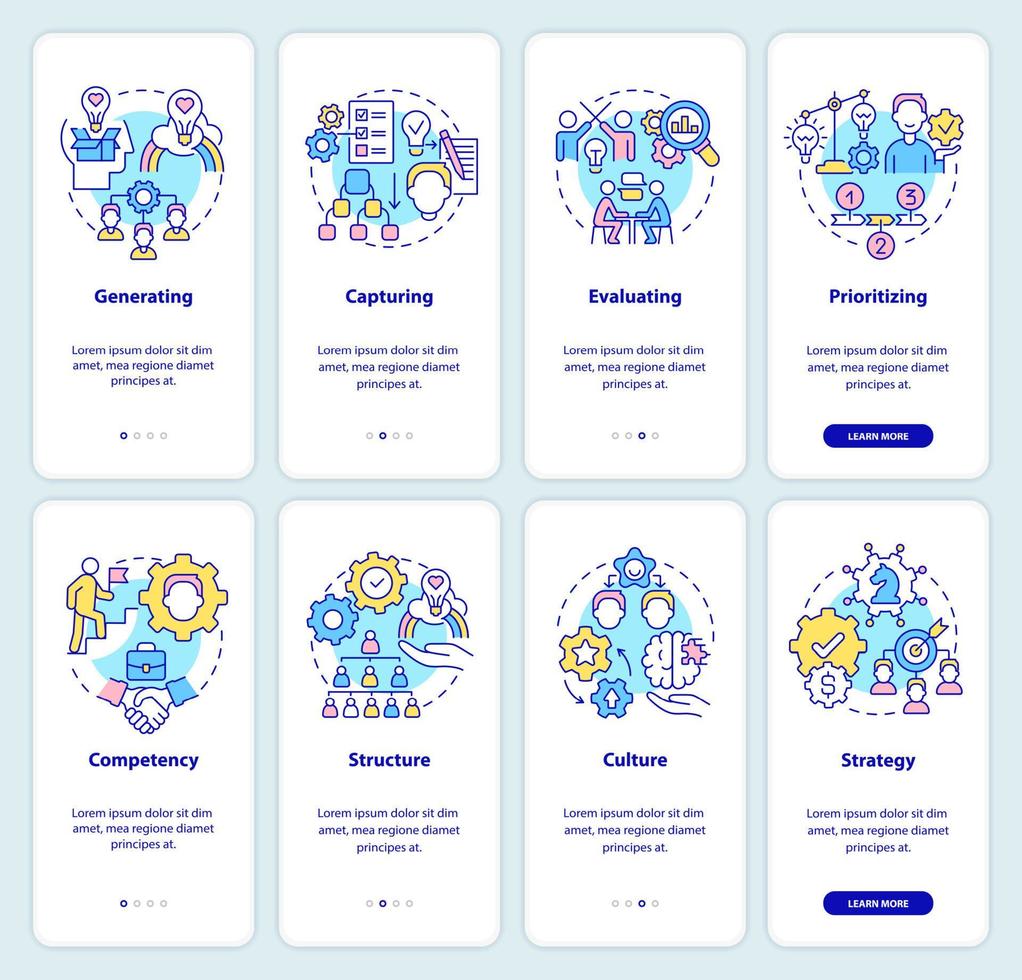 Schritte und Säulen für das Innovationsmanagement beim Onboarding mobiler App-Bildschirmsätze. Komplettlösung 4 Schritte grafische Anleitungsseiten mit linearen Konzepten. ui, ux, gui-Vorlage. vektor