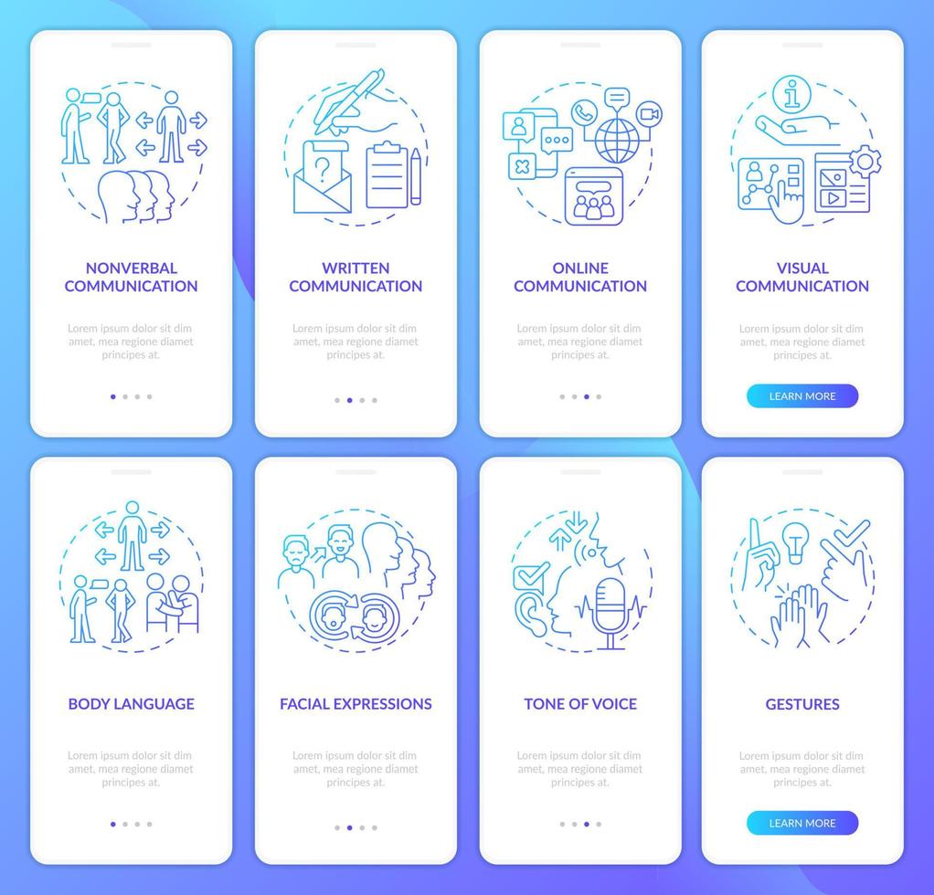 förbättra kommunikation Kompetens lutning onboarding mobil app skärm uppsättning. genomgång 4 steg grafisk instruktioner sidor med linjär begrepp. ui, ux, gui mall. vektor