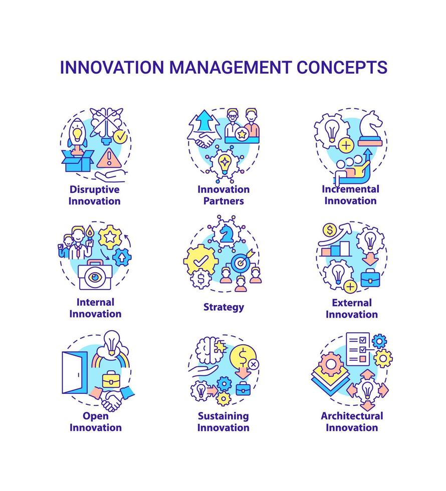 innovation förvaltning begrepp ikoner uppsättning. skapande börja aning tunn linje Färg illustrationer. hantera innovativ idéer. isolerat symboler. redigerbar stroke. vektor