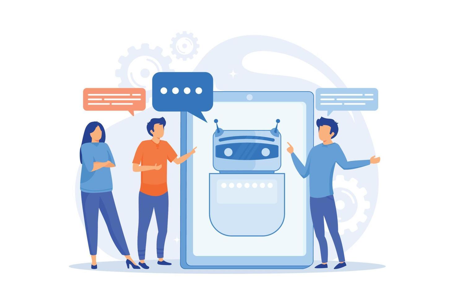 företag människor kommunicera med chatbot Ansökan. chatbot artificiell intelligens, talkbots service, interaktiv ombud Stöd begrepp. vektor illustration