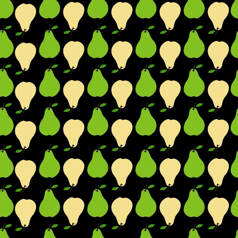Nahtloses Muster mit gelben und grünen Birnen auf schwarzem Hintergrund. Fruchtmuster. Kritzeleien vektor