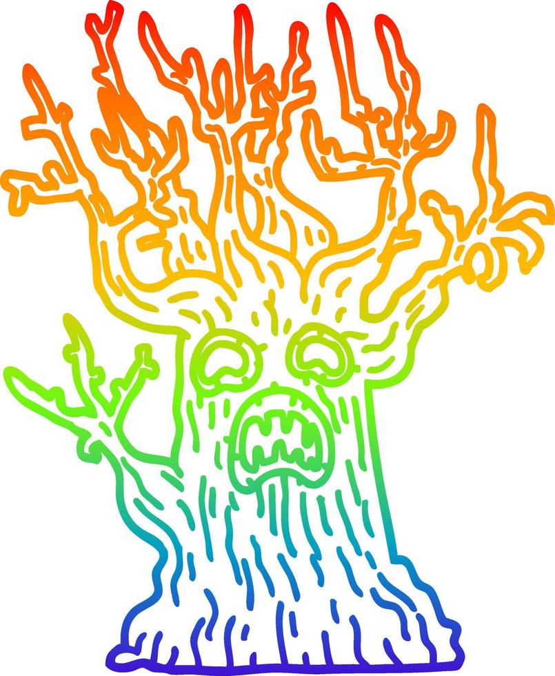 regnbågsgradient linjeritning tecknade spöklika träd vektor