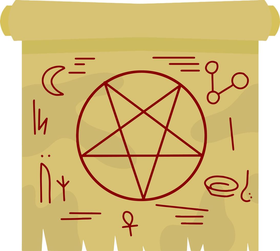 Papyrusrolle mit Zauberspruch. Sternpentagramm auf Papier. das Element des Zauberers und der Hexe. flache illustration der karikatur vektor