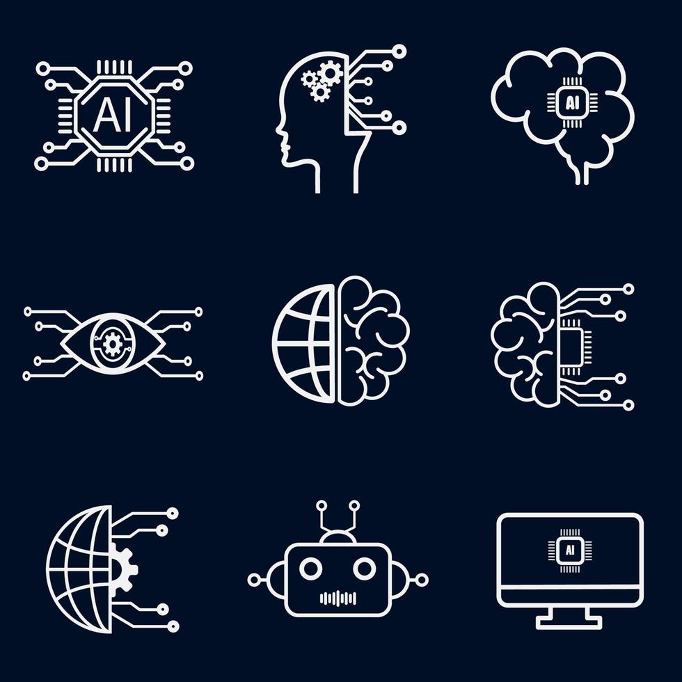 Vektor-Set von Symbolen für künstliche Intelligenz. mehrere Prozessorsymbole, Robotik, Wissenserweiterung und mehr vektor