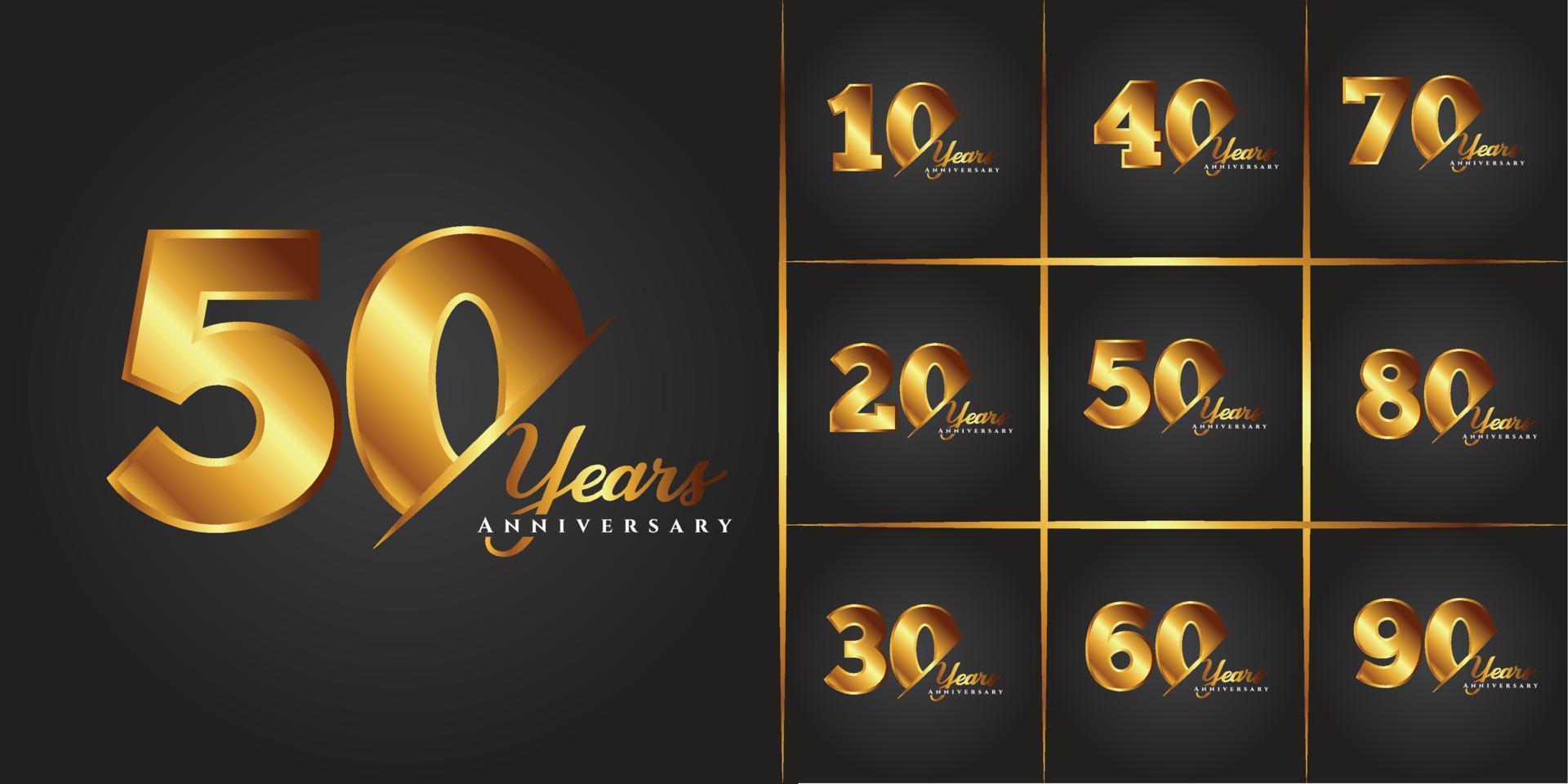 uppsättning av årsdag logotyp design med handstil gyllene Färg för firande händelse, bröllop, hälsning kort, och inbjudan. vektor illustration design.