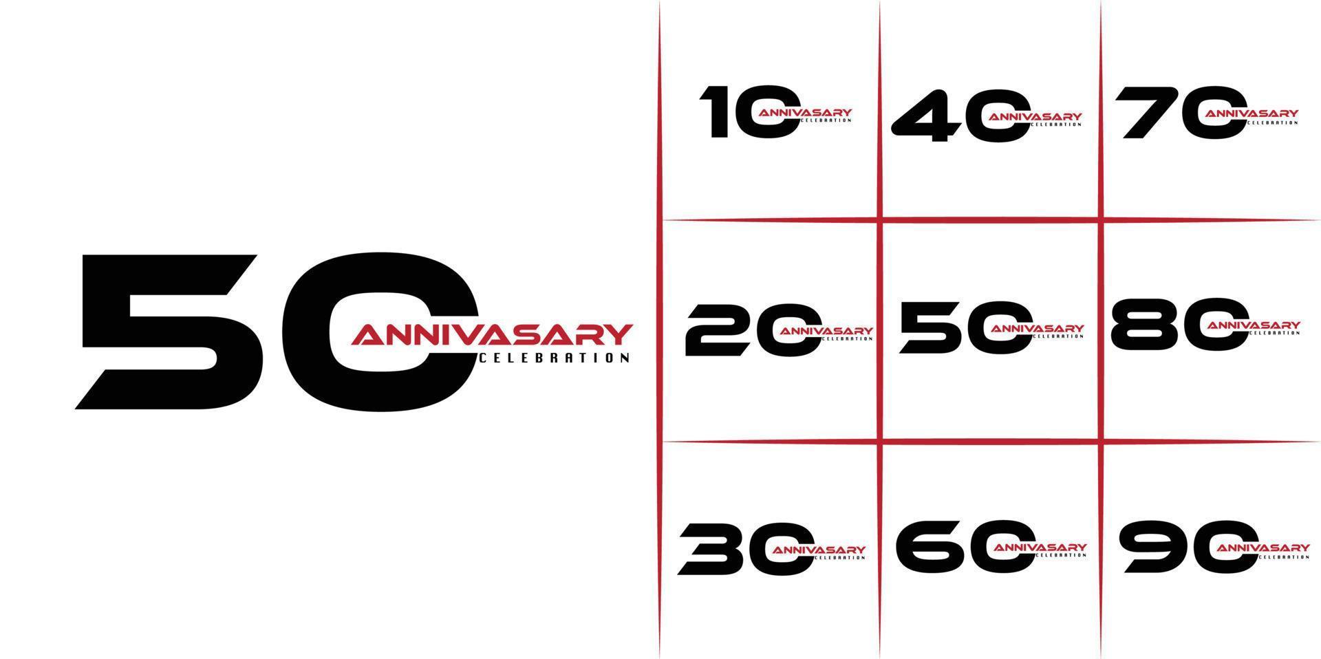 uppsättning av årsdag piktogram ikon. platt design. 10, 20, 30, 40, 50, 60, 70, 80, 90, år födelsedag logotyp märka, svart och vit stämpel. vektor illustration. isolerat på vit bakgrund