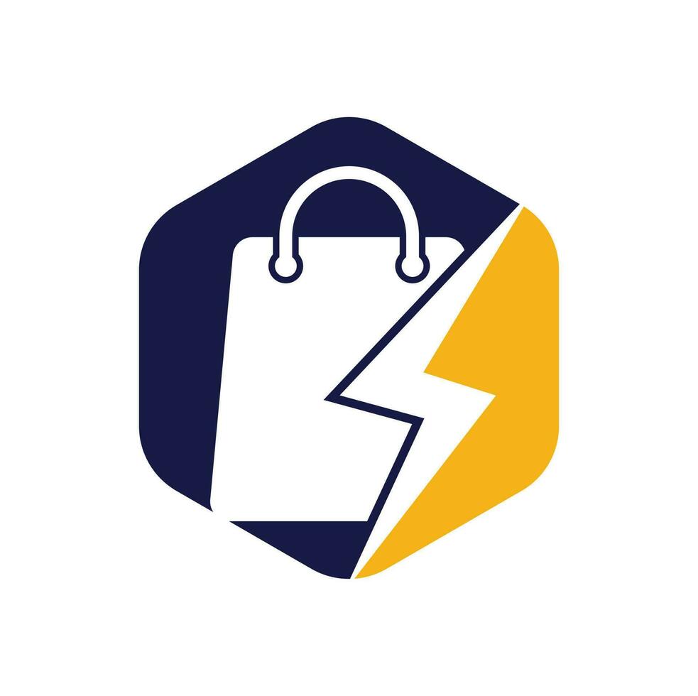 Donner-Shop-Logo-Design-Vektor. Elektrogeschäft oder Fast-Shop-Logo. Einkaufstasche kombiniert mit Energie- oder Blitzsymbolvektor vektor