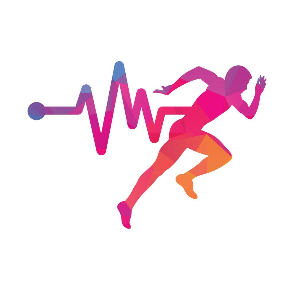 Puls-Marathon-Logo-Design-Ikonenvektor. Logo-Design für die Körpergesundheit. Laufender Mann mit Linien-EKG-Herzschlag-Symbol. vektor