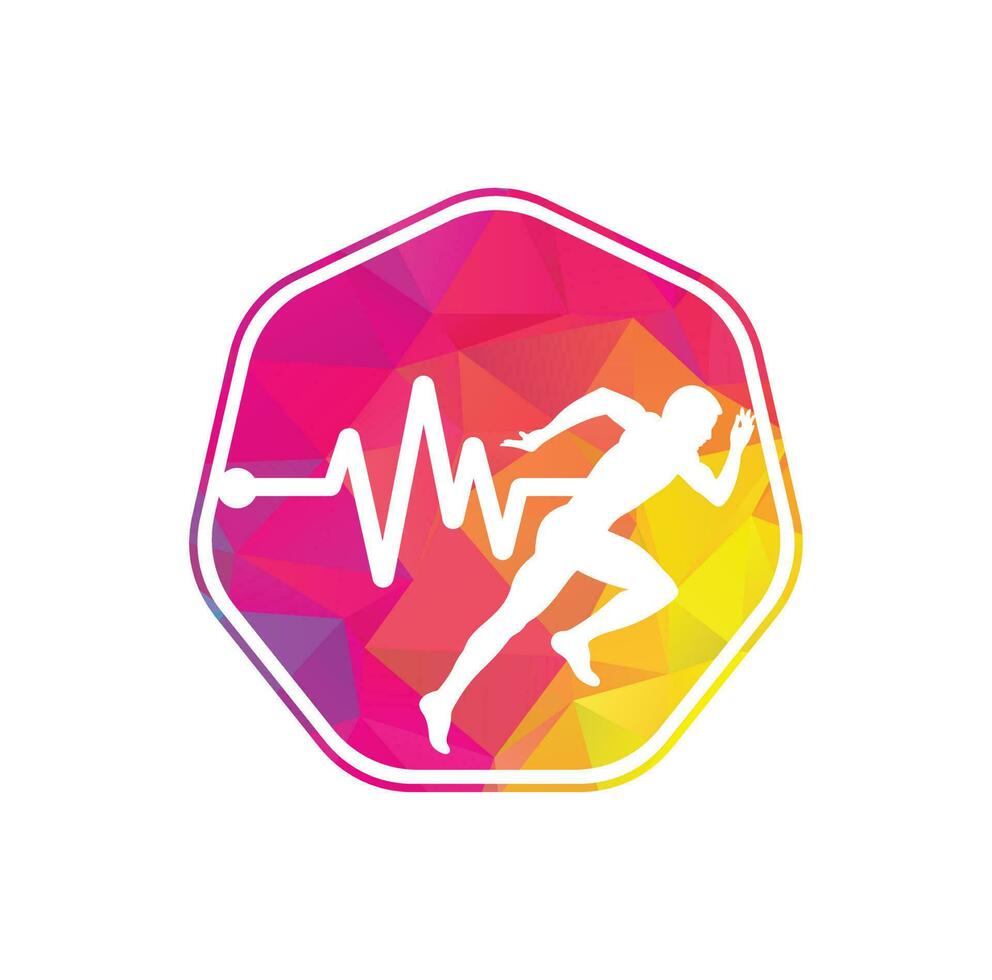 puls maraton logotyp design ikon vektor. kropp hälsa vård logotyp design. löpning man med linje ecg hjärtslag ikon. vektor