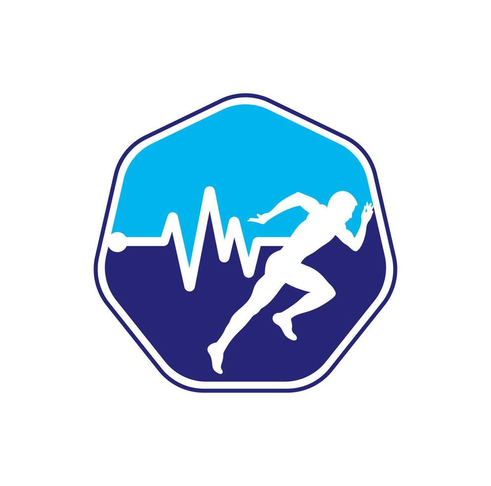 puls maraton logotyp design ikon vektor. kropp hälsa vård logotyp design. löpning man med linje ecg hjärtslag ikon. vektor