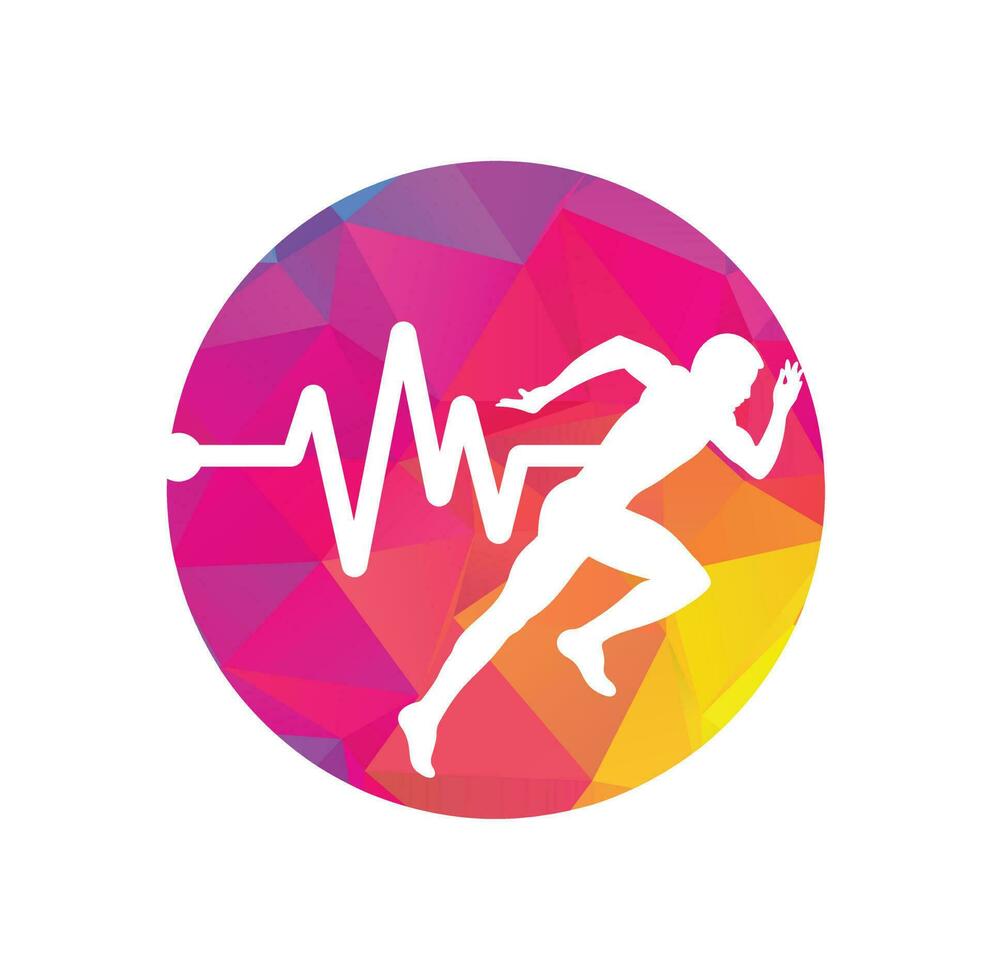 puls maraton logotyp design ikon vektor. kropp hälsa vård logotyp design. löpning man med linje ecg hjärtslag ikon. vektor