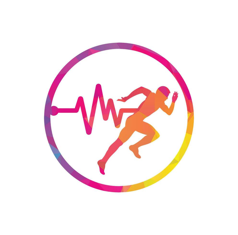 Puls-Marathon-Logo-Design-Ikonenvektor. Logo-Design für die Körpergesundheit. Laufender Mann mit Linien-EKG-Herzschlag-Symbol. vektor