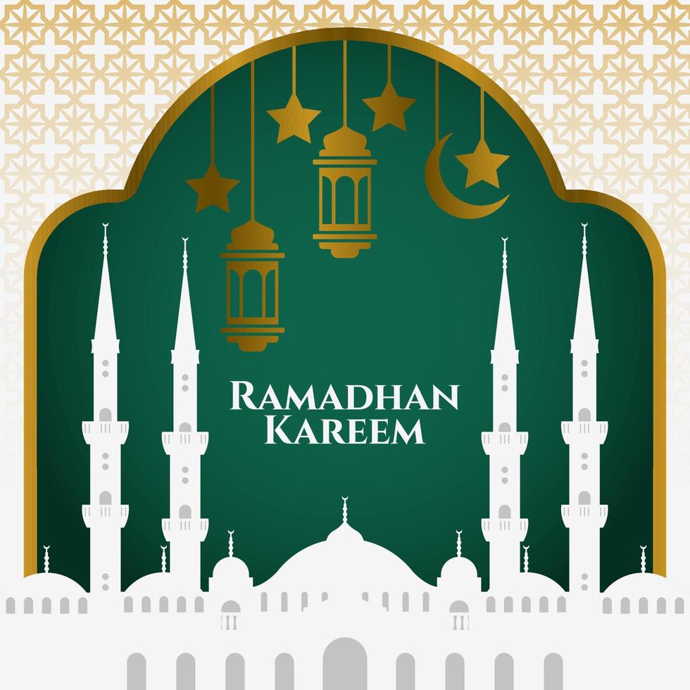 moschee mit laterne und mond auf grünem abstraktem hintergrund für ramadan kareem, geeignet für grußkarte, ramadanfeier vektor