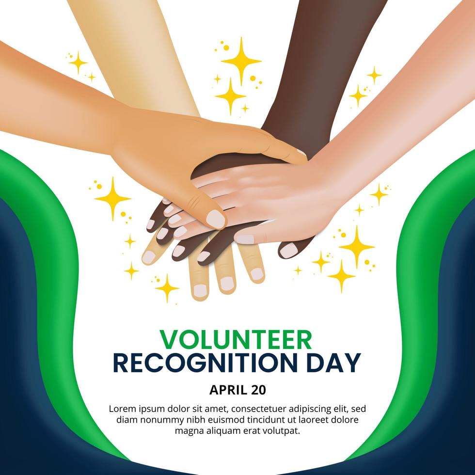 freiwilliger anerkennungstag hintergrund mit stapelnden hände von freiwilligen vektor