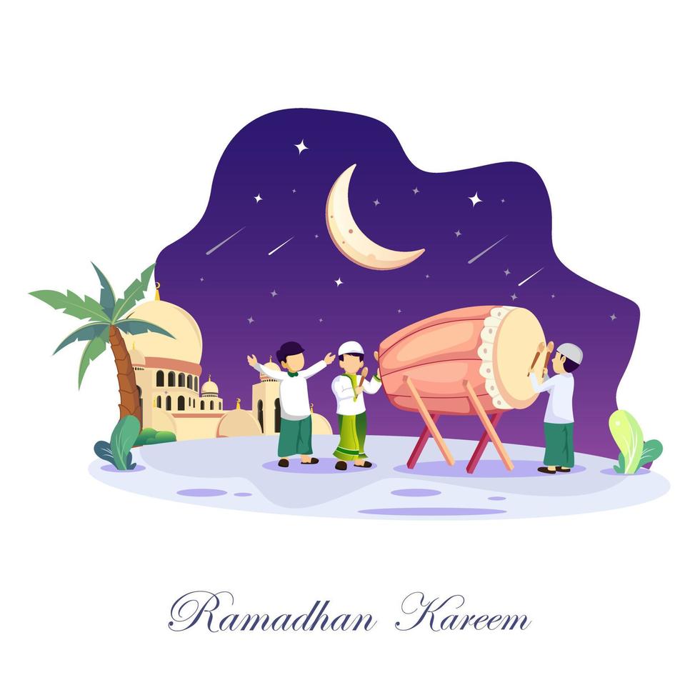 ramadhan kareem koncept illustration. glada muslimska människor firar heliga månaden ramadhan, eid mubarak hälsning. platt vektor mall stil för webb målsida, bakgrund.