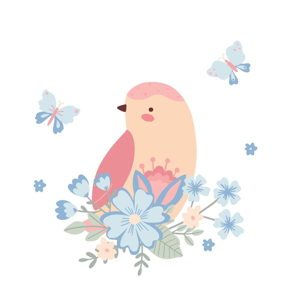 söt rosa birdie i blommor. barnslig liten fågel för design och barntryck. vektor