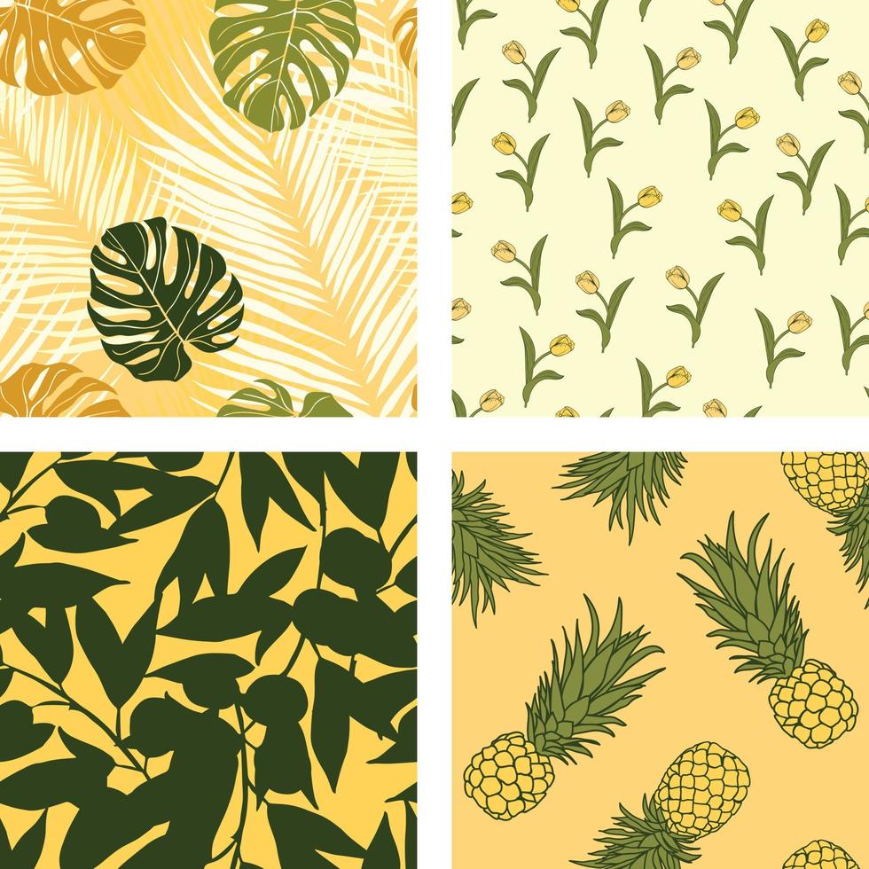 schöne hibiskusblüten, blätter, ananas nahtloses muster hintergrundset. tropisches naturverpackungspapier oder textildesign-set. schöner Druck mit handgezeichneten exotischen Pflanzen. vektor