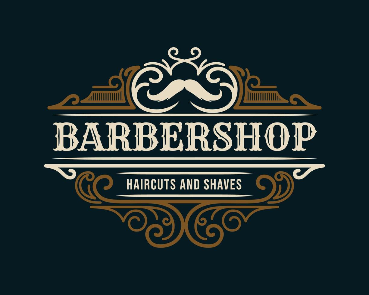 barbershop vintage luxus-rahmen-logo-abzeichen mit gedeihendem viktorianischen ornament vektor