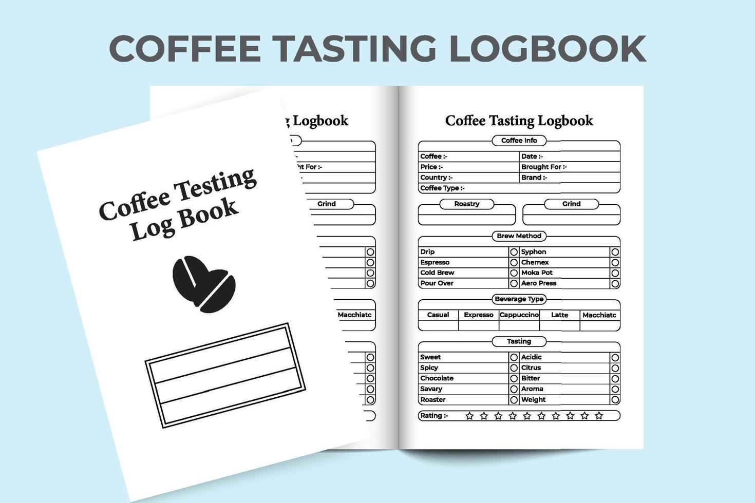 kaffe information logga bok interiör. kaffe smak och dryck typ tracker mall. interiör av en tidning. kaffe provsmakning information och bryggning metod anteckningsbok interiör. vektor