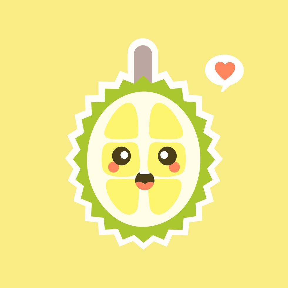 roliga och kawaii durian frukter. söt durian karaktär med ansiktsuttryck och emoji. vektor illustration. använd för kort, affisch, banner, webbdesign och tryck på t-shirt. lätt att redigera.