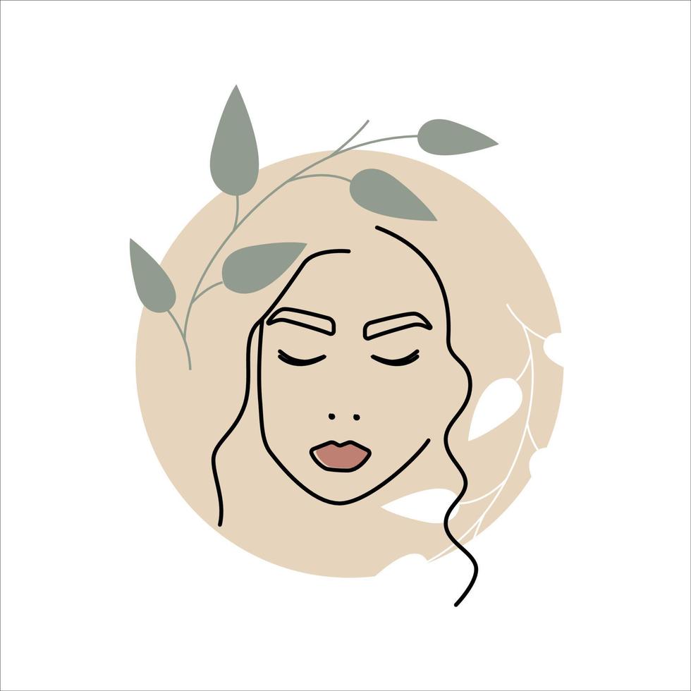 spa kvinna ikon. kvinnligt porträtt med färska löv. klistermärke av vackert ansikte. linjekonst koncept. bra för skönhetssalong, spa, kosmetika. vektor illustration på vit bakgrund