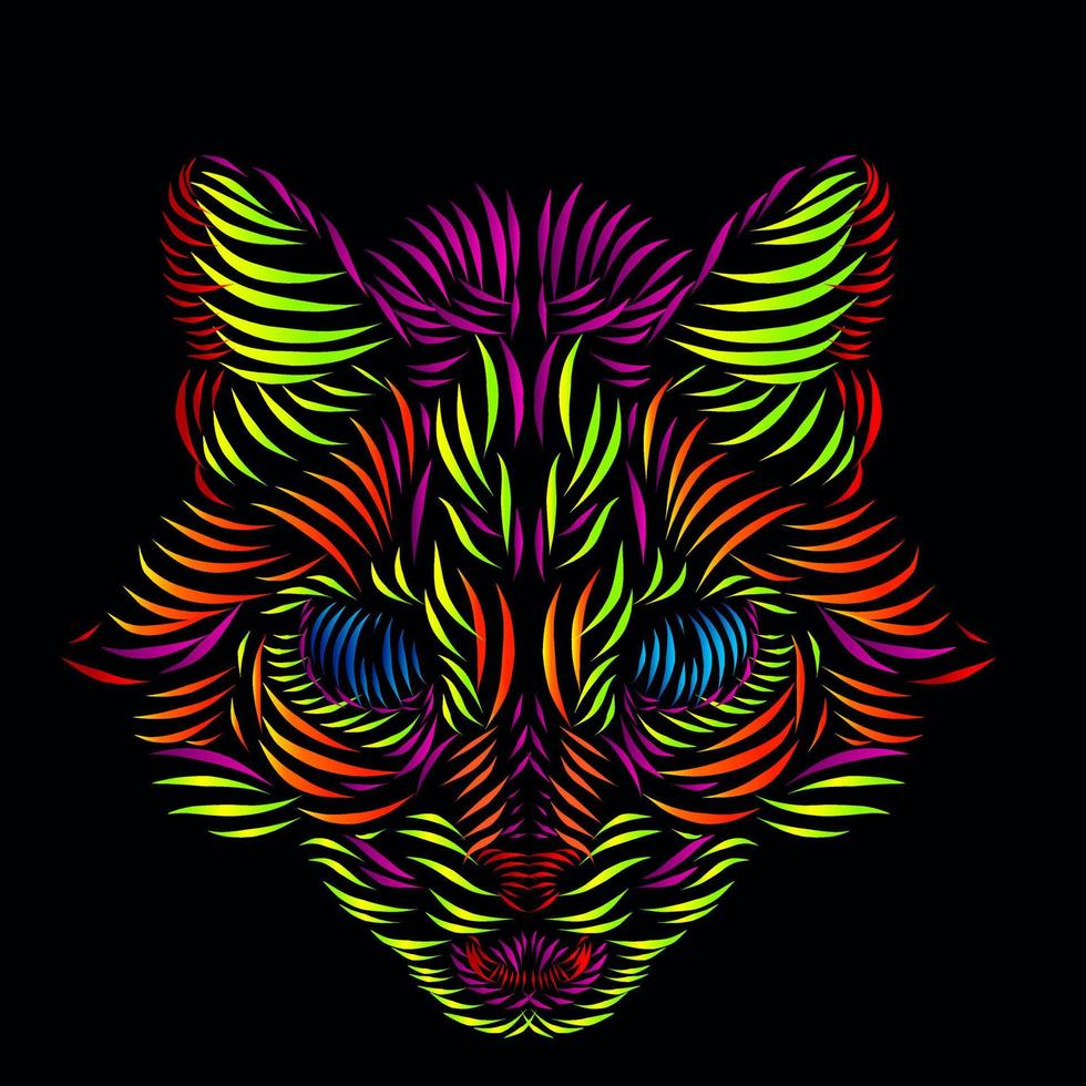 Katze Luchs Leopard Panther Tiger Linie Pop Art Potrait Logo farbenfrohes Design mit schwarzem dunklem Hintergrund vektor