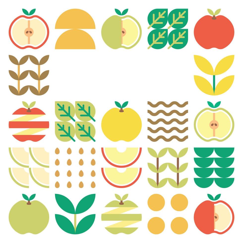 Apfelrahmen abstrakte Kunstwerke. Designillustration von bunten Apfelmustern, Blättern und geometrischen Symbolen im minimalistischen Stil. ganze Früchte, geschnitten und gespalten. einfacher flacher Vektor auf weißem Hintergrund.
