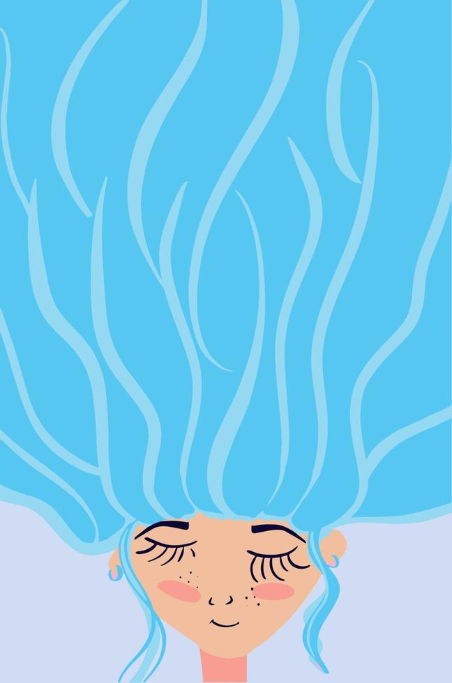 schlafendes Mädchen mit Sommersprossen und sehr langen blauen Haaren. Schriftzug Inschrift. Vektorvorratillustration, Postkarte, Druck, Visitenkarte, Zertifikat. verträumtes konzept für einen friseur, coloristen. vektor