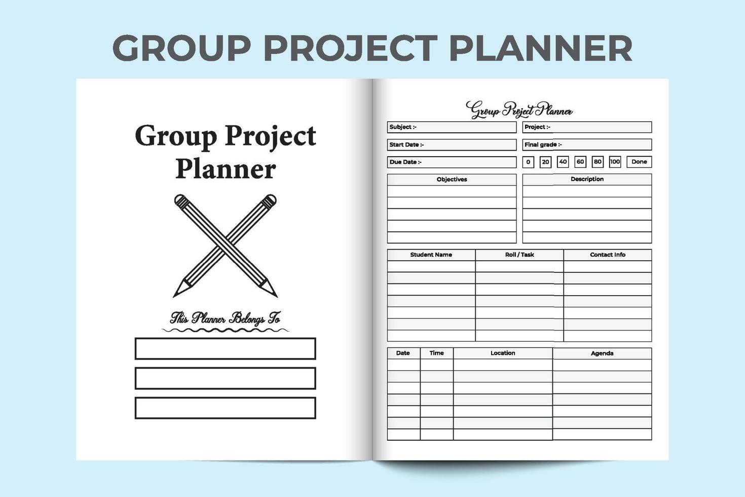 Vorlage für das Innenjournal des Gruppenprojektplaners. Gruppenprojektmitglieds-Informations-Tracker und Aufgabenplaner-Vorlage. Inneres eines Notebooks. Gruppenstudien-Inforecorder und Aufgabenplaner-Interieur. vektor