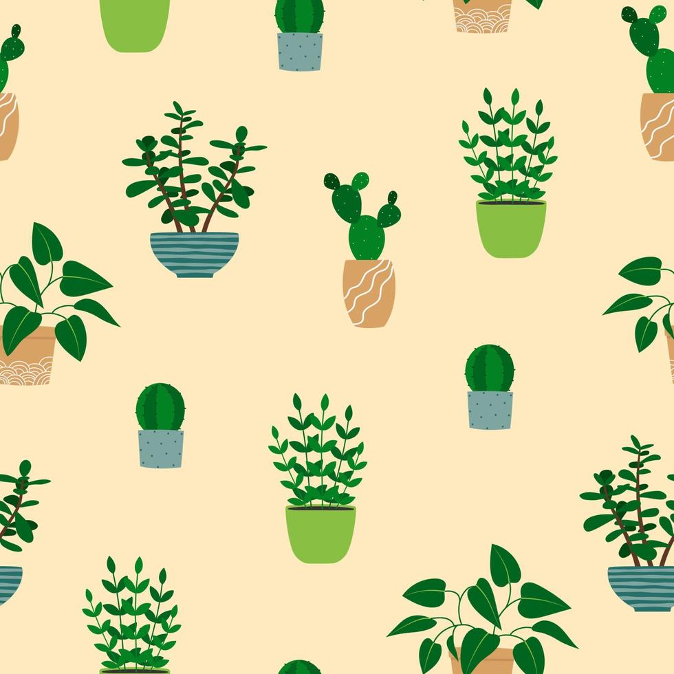 Nahtloses Muster von Zimmerpflanzen in Blumentöpfen. bunte pflanzen der karikatur auf beigem hintergrund vektor