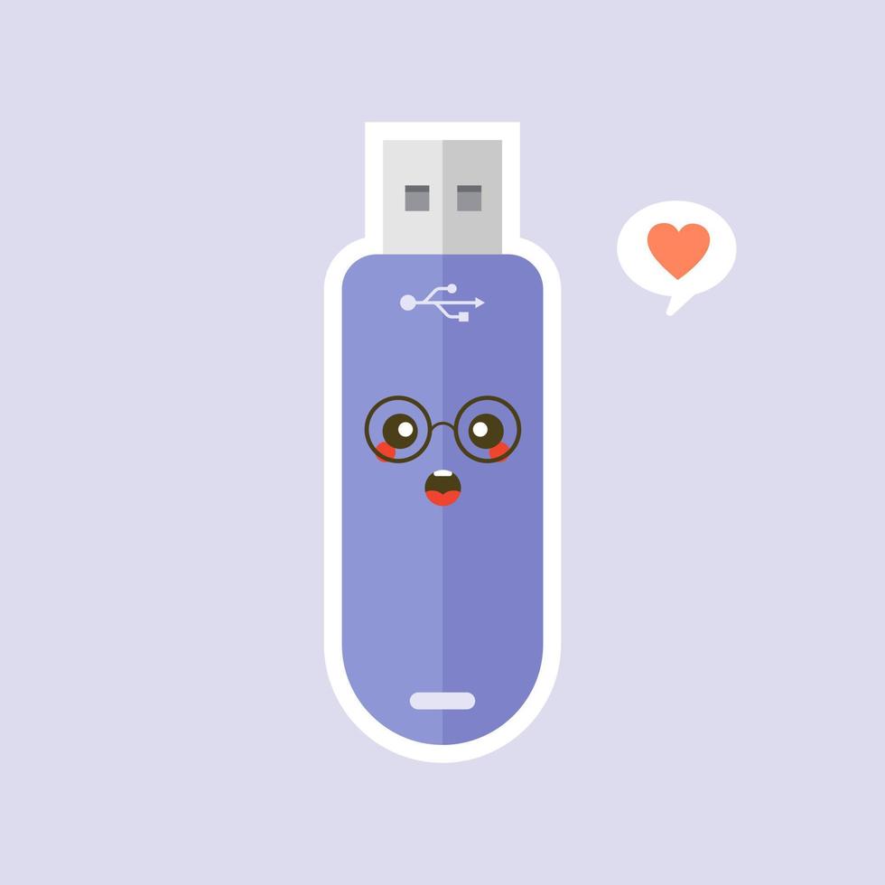 kawaii und niedliches usb-flash-laufwerk-symbol isoliert auf farbigem hintergrund. Memory Stick-Symbol im flachen Stil. Flash-Disk-Charakter mit Gesichtsausdruck. kann für Technologie, Maskottchen, IT-Element, Website, Symbol verwendet werden vektor