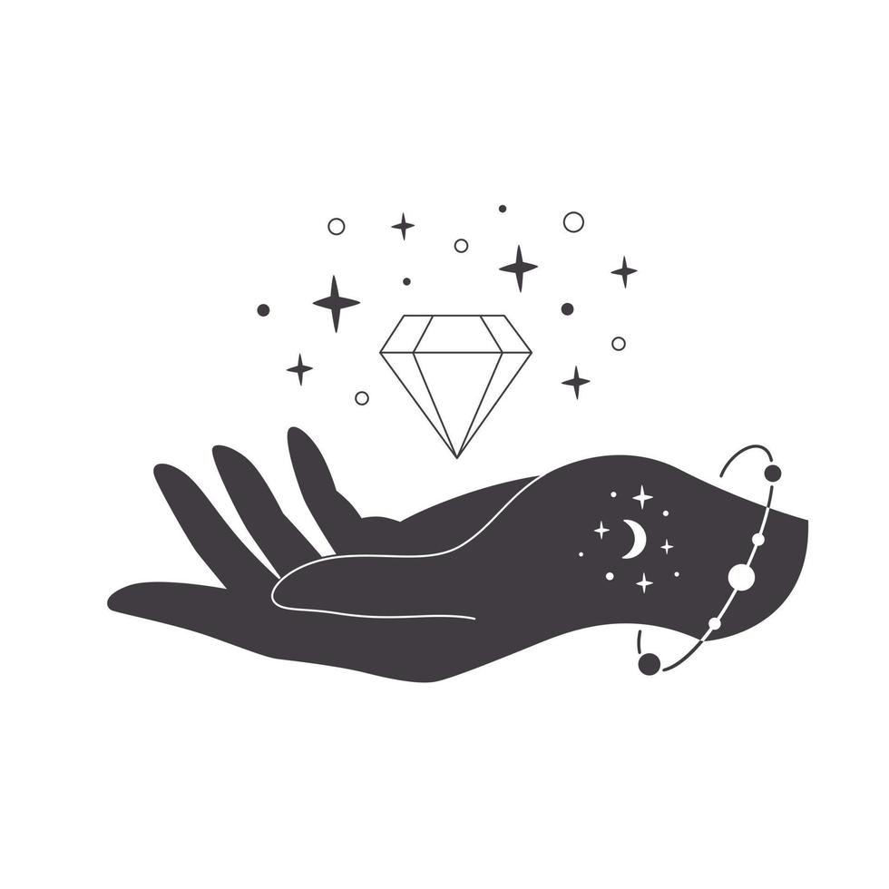 Hand mit Kristall. mystischer, esoterischer, magischer oder heilender Kristall. lineare Kunst. vektor