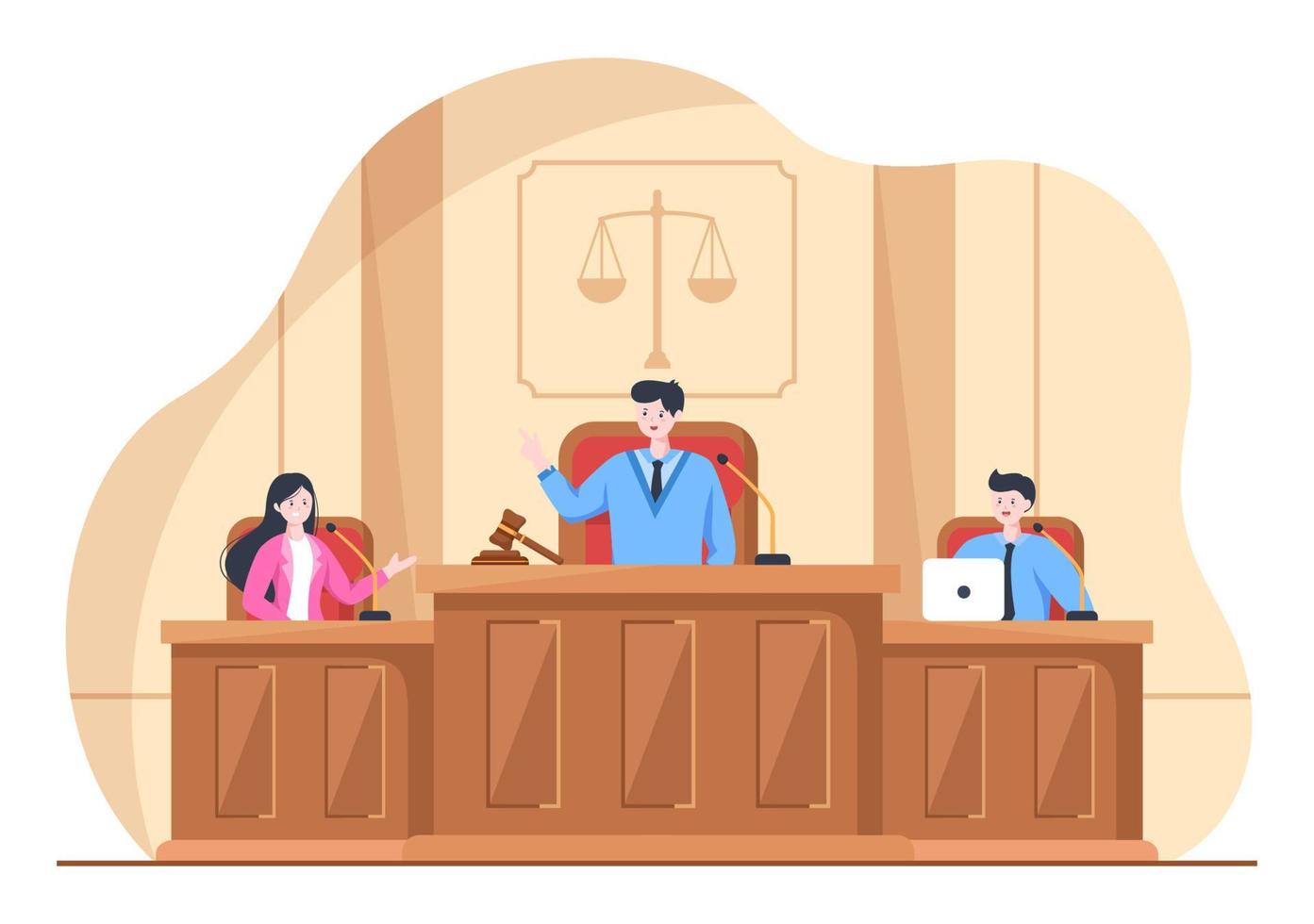 rättssal med advokat, juryrättegång, vittne eller domare och trädomarens hammare i platt tecknad designillustration vektor