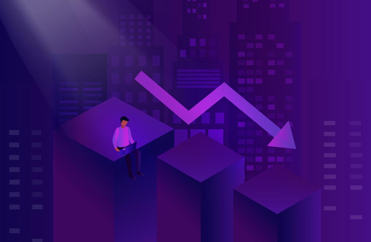 ekonomisk nedgång, faller ner pil finansiell kris begrepp. affärsman analyserar stock marknadsföra investering kris vektor illustration