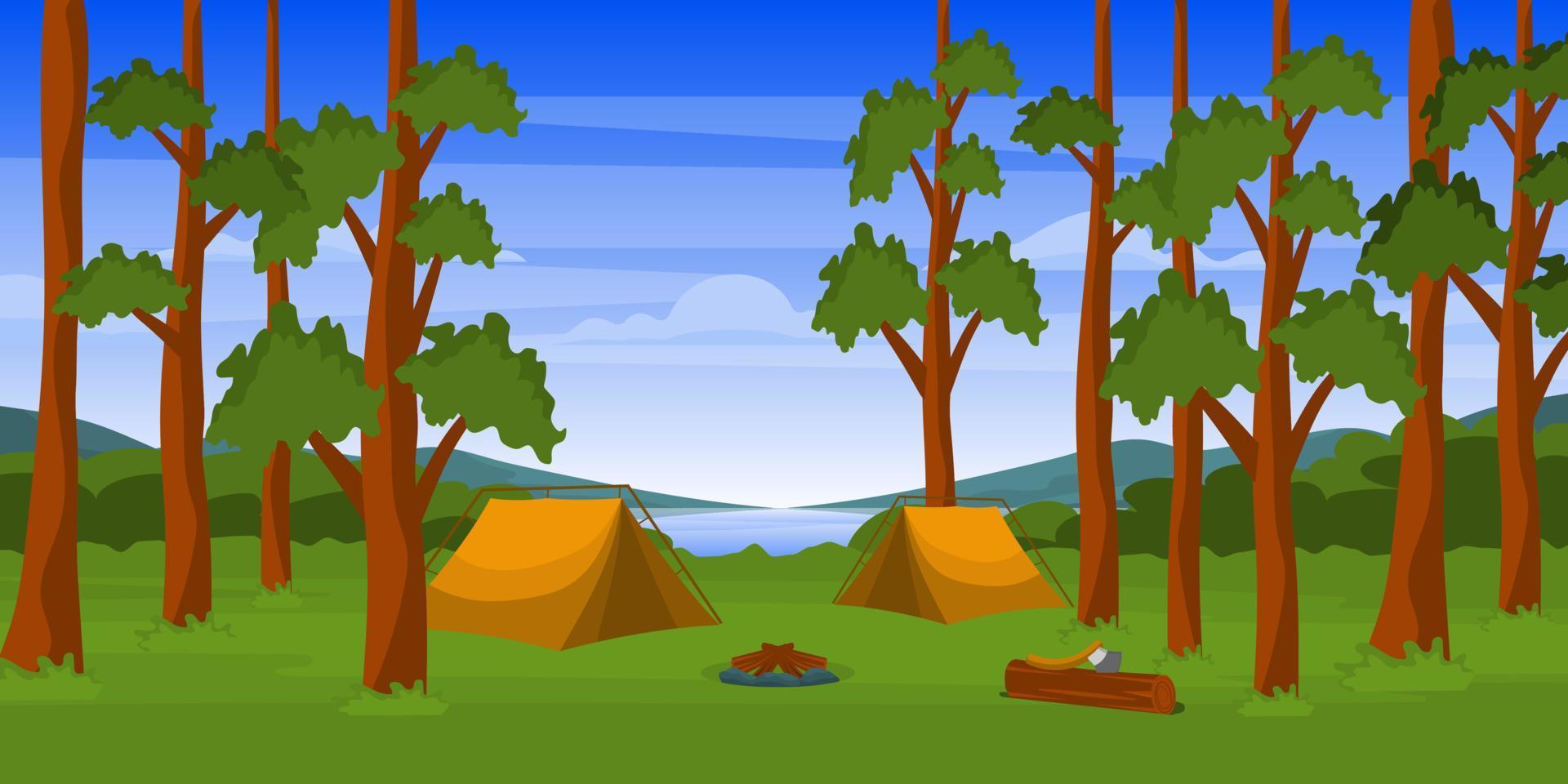 en campingplats med vackra träd, bakgrundsvektor vektor