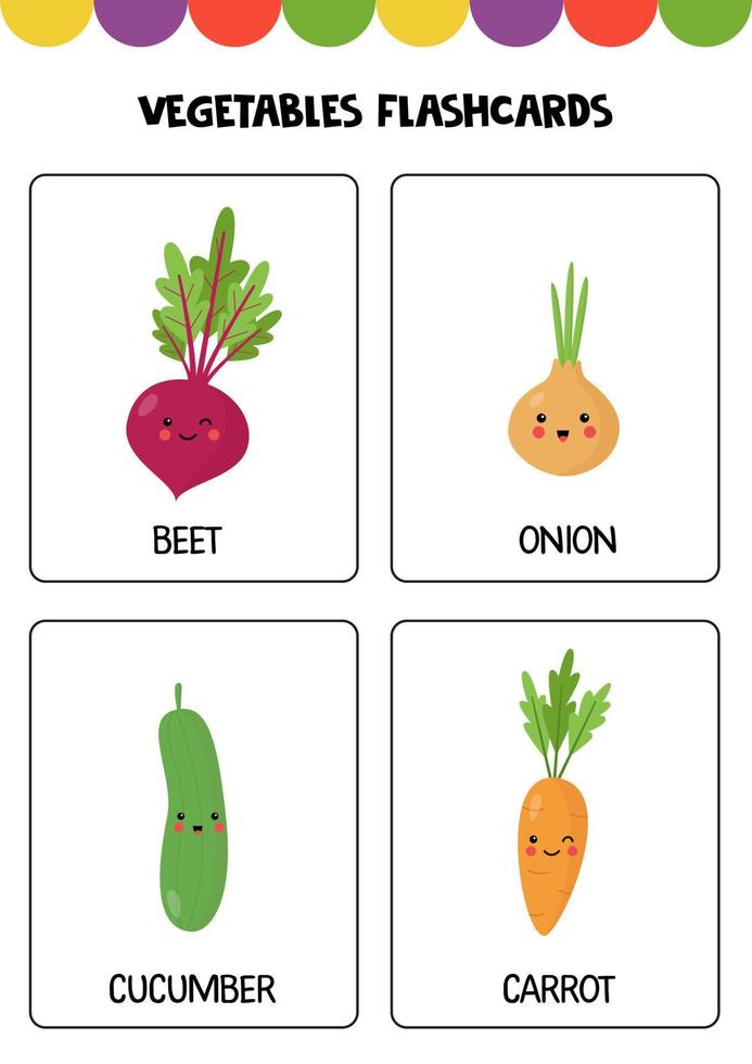 söta tecknade grönsaker med namn. flashkort för barn. vektor