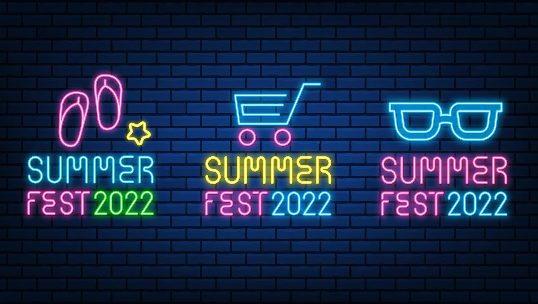 neon sommarfest text 2022 skyltar lysande färg lysande led eller halogenlampor ram banners. på tegelvägg vektor set.