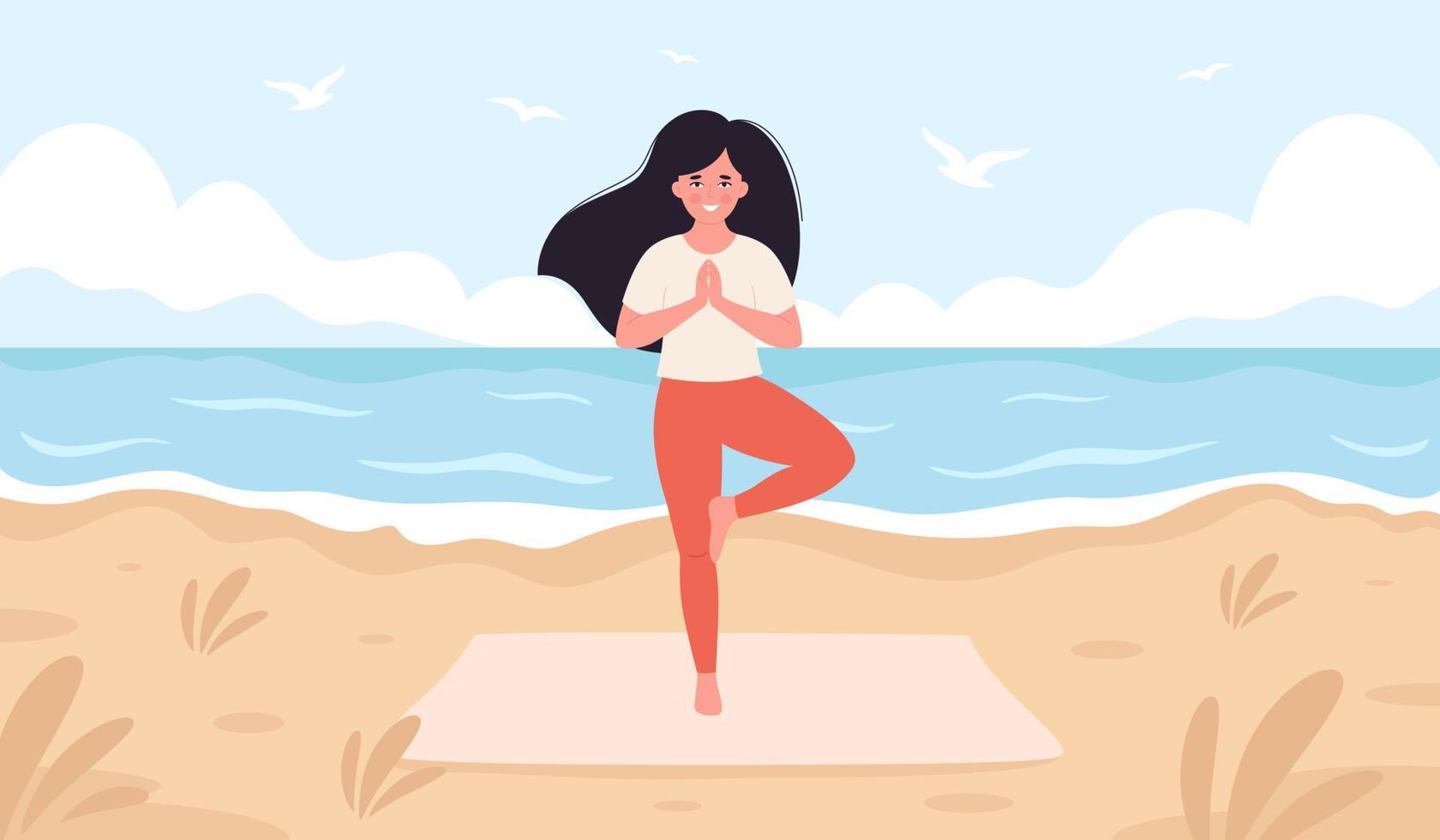 Frau beim Yoga am Strand. hallo sommer, sommerfreizeit, urlaub, gesunder lebensstil vektor
