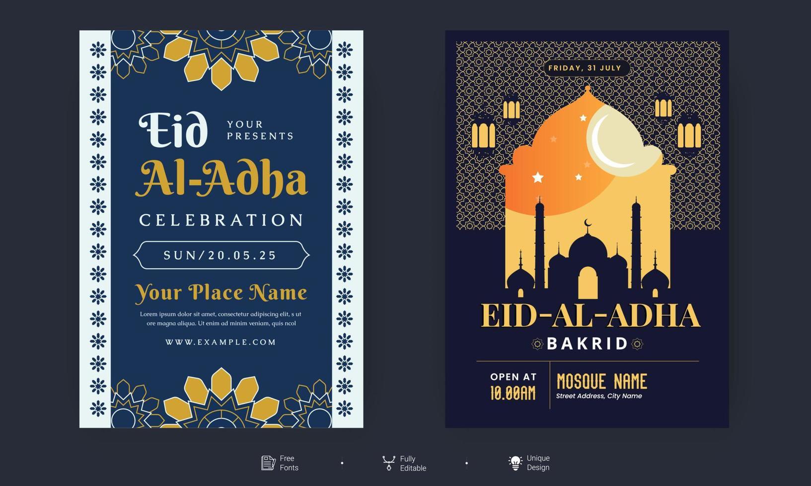 eid al adha flygblad. eid, ramadan kareem uppsättning affischer eller inbjudningar design. dekorativa retro gratulationskort eller inbjudan layout design vektor