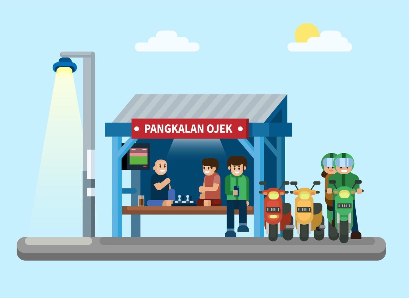 pangkalan ojek ist ein indonesischer taxifahrradstationsgebäude-szenenillustrationsvektor vektor