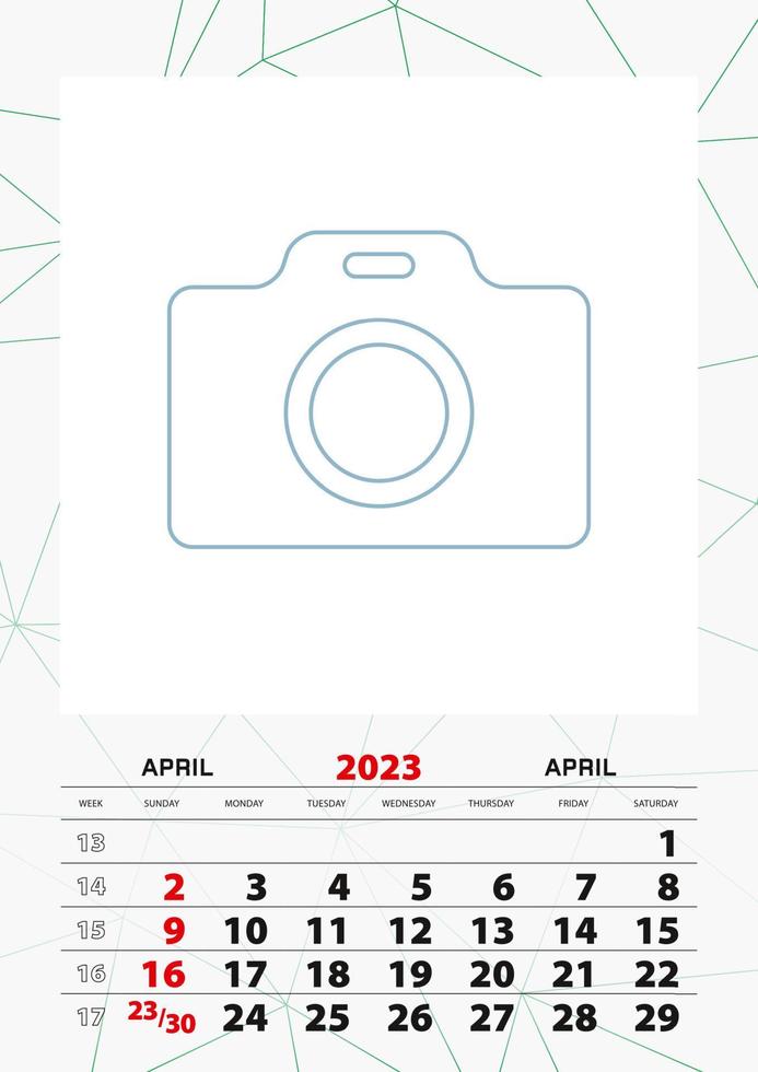 Wandkalender Planer Vorlage für April 2023, Woche beginnt am Sonntag. vektor