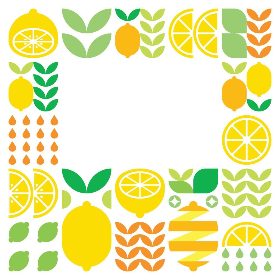 minimalistisk platt vektorram, citronfruktikonsymbol. enkel geometrisk illustration av citrus, apelsiner, lemonad och löv. abstrakt design på svart bakgrund. för kopieringsutrymme, inlägg på sociala medier. vektor