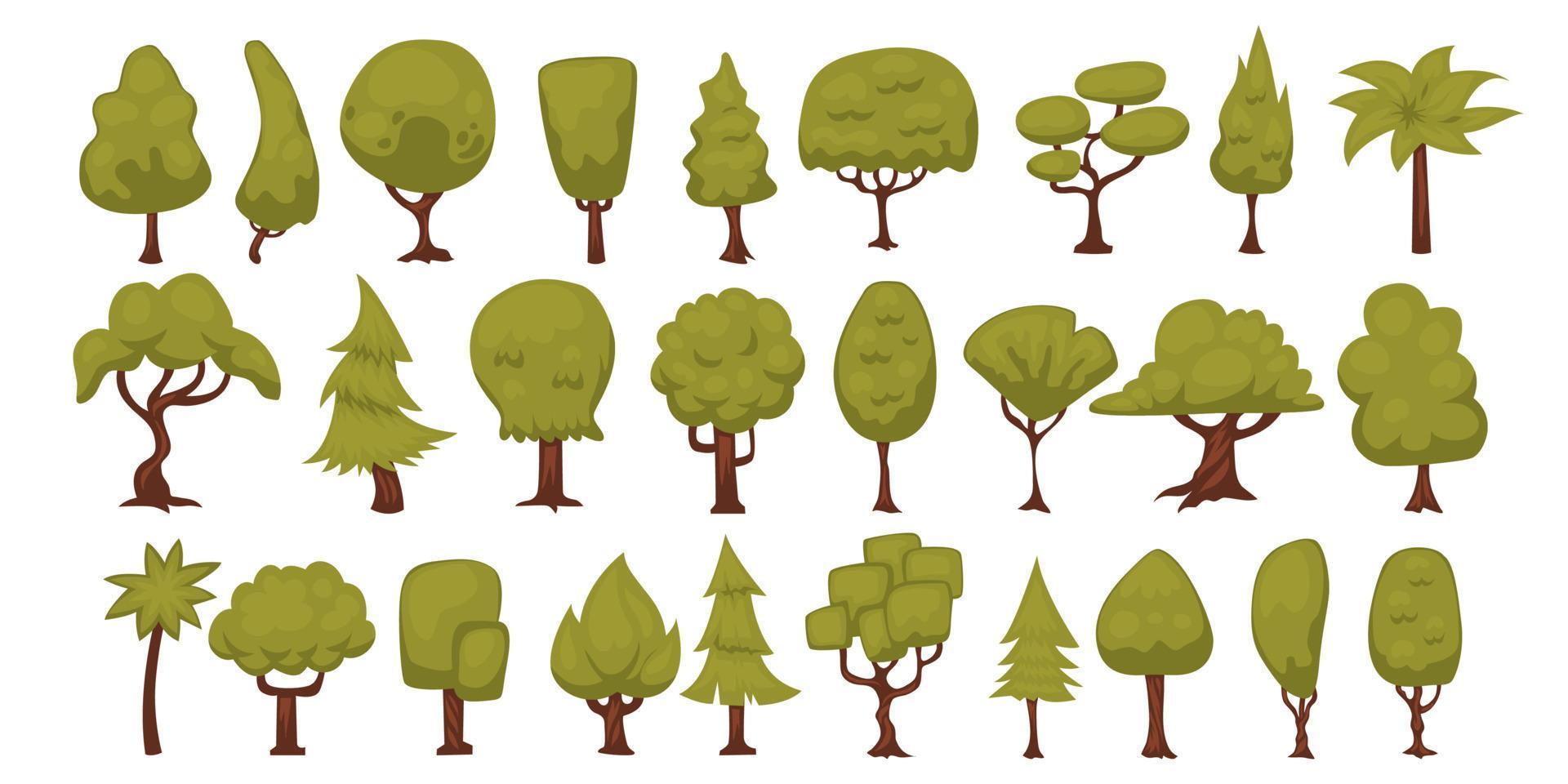 handritad uppsättning av skogsträd natur växtobjekt element, vektor illustration set med olika former, eko lövverk. ämne för hälsosam livsstil. djungel tropisk grön.